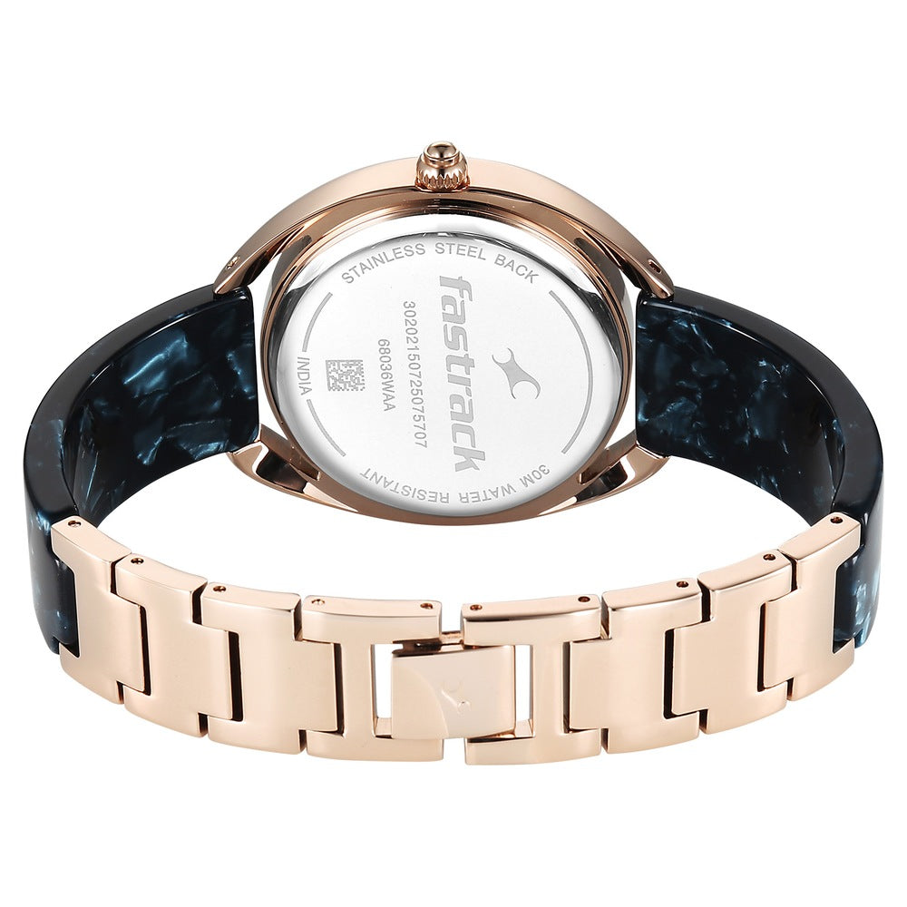 Fastrack Younique Quartz Analog Blue Mother Of Pearl Dial Two Toned Acetate & Metal Strap Watch For Girls 68036KD04