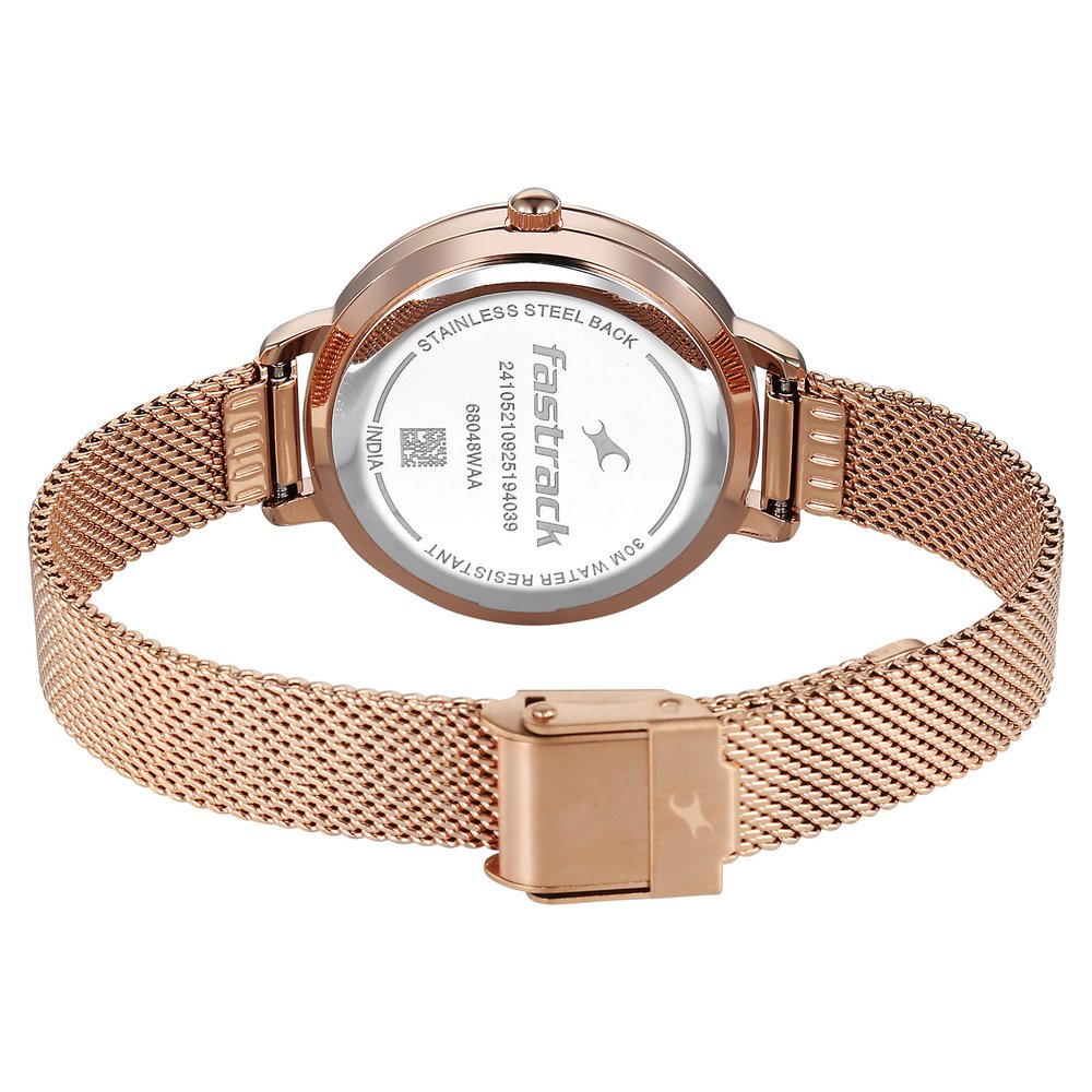 Fastrack Stunners Quartz Analog Pink Dial Rose Gold Stainless Steel Strap Watch For Girls 68048WM02