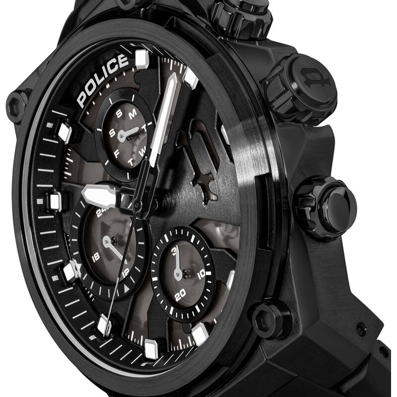 Police Multifunction Black Dial Black Stainless Steel Strap Watch For Men