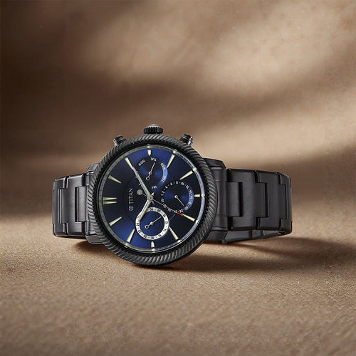 Titan Stellar Multifunction Blue Dial Black Stainless Steel Strap Watch For Men - NU10012NM01