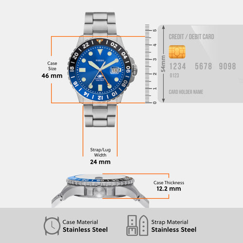 Fossil Blue GMT Men Quartz Blue Dial Analog Stainless Steel Watch FS5991