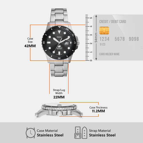 Fossil Blue Dive Men Quartz Black Dial Analog Stainless Steel Watch FS6032