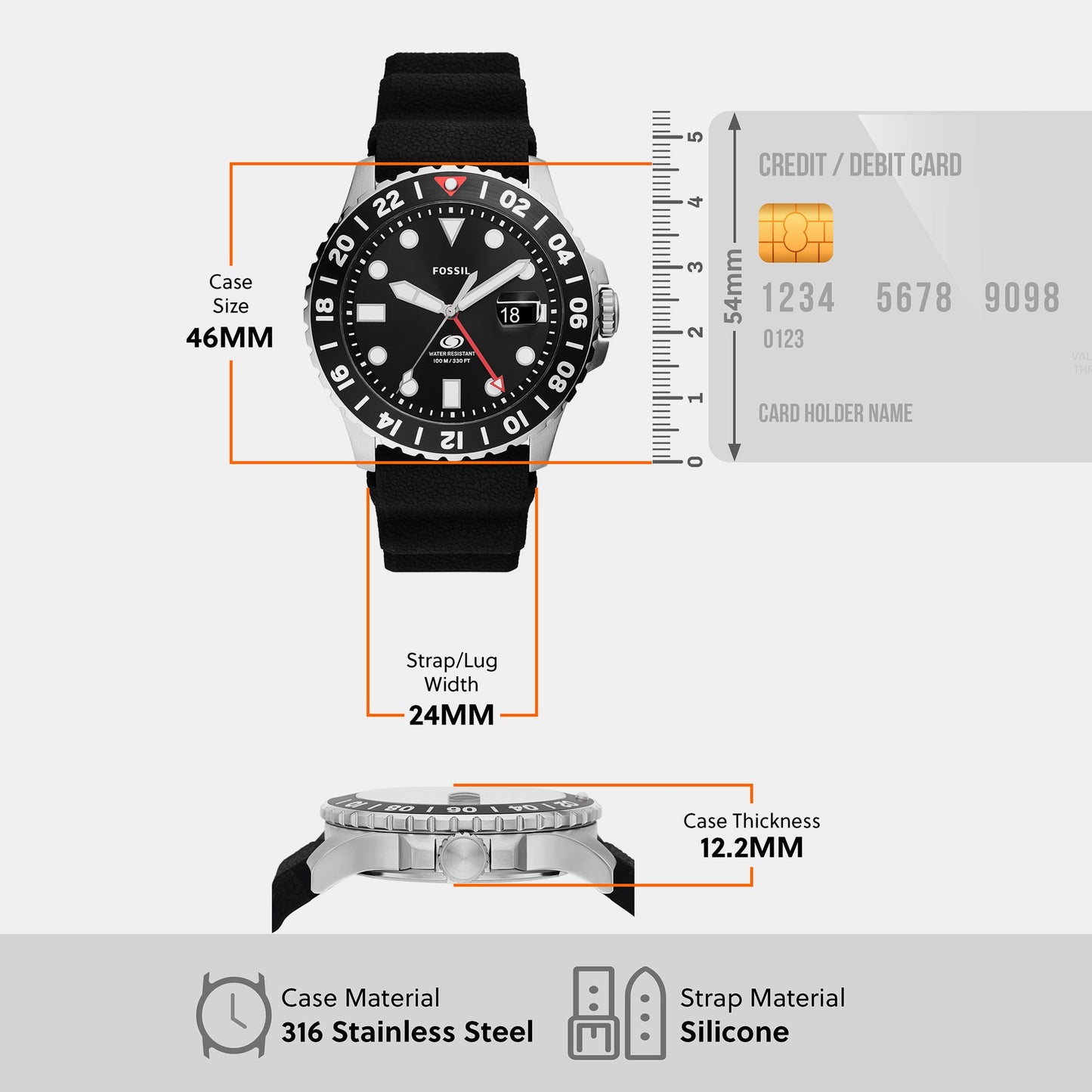 Fossil Blue GMT Men Quartz Black Dial Analog Silicone Watch FS6036