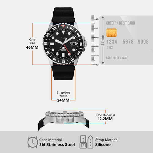 Fossil Blue GMT Men Quartz Black Dial Analog Silicone Watch FS6036