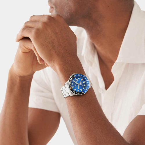 Fossil Blue GMT Men Quartz Blue Dial Analog Stainless Steel Watch FS5991