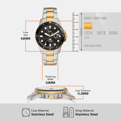 Fossil Blue Dive Men Quartz Black Dial Analog Stainless Steel Watch FS6031