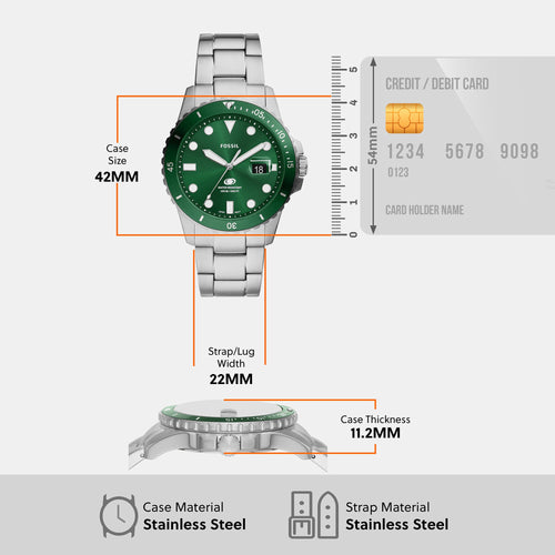Fossil Blue Dive Men Quartz Green Dial Analog Stainless Steel Watch FS6033