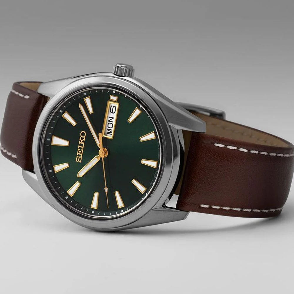 Seiko Dress Men Quartz Green Dial Analog Leather Watch SUR449P1