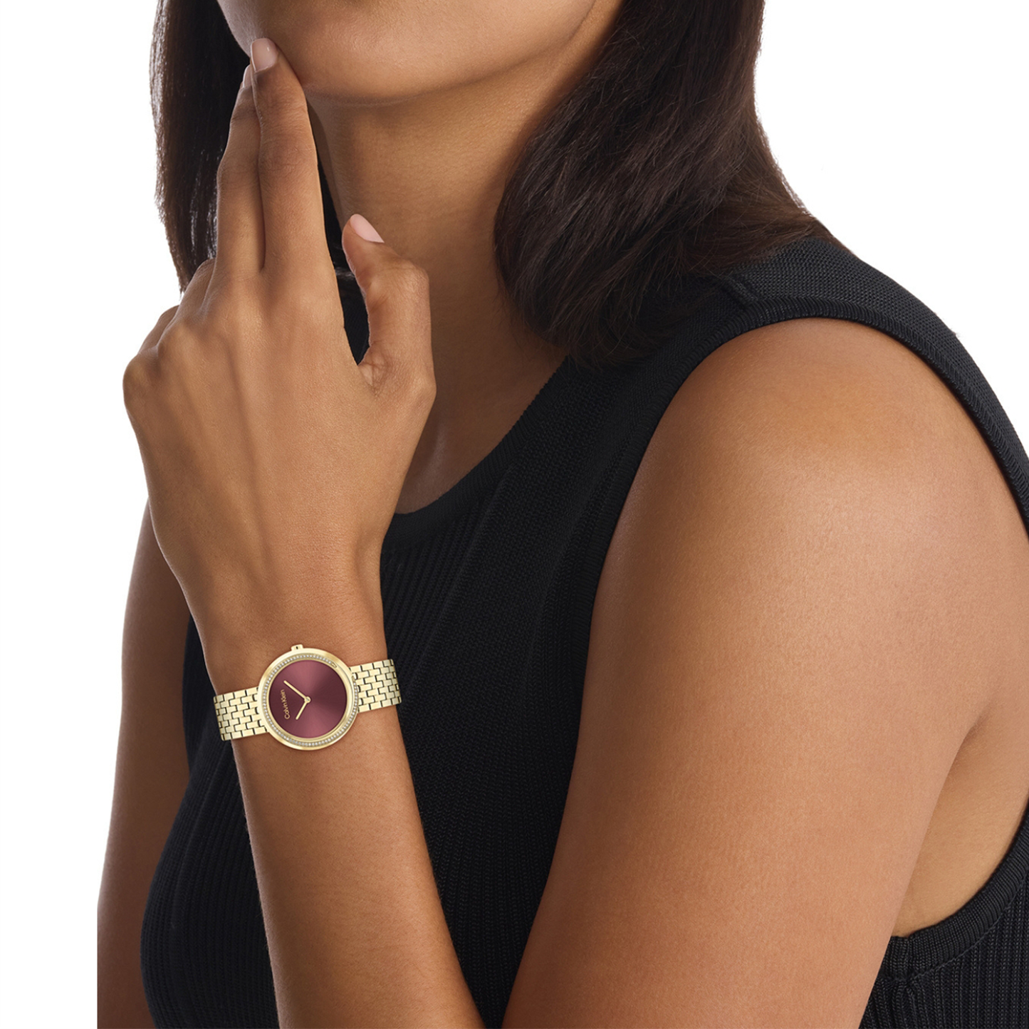 Twisted Bezel Women Quartz Maroon Dial Analog Stainless Steel Watch 25100069