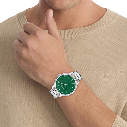 Linked Bracelet Men Quartz Green Dial Analog Stainless Steel Watch 25200478