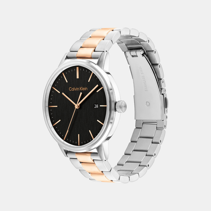 Linked Bracelet Men Quartz Black Dial Analog Stainless Steel Watch 25200479
