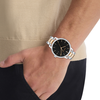 Linked Bracelet Men Quartz Black Dial Analog Stainless Steel Watch 25200479