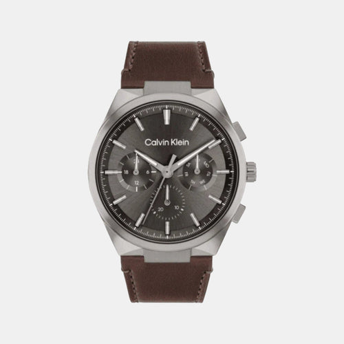 Distinguish Men Quartz Grey Dial Multi-Function Leather Watch 25200508