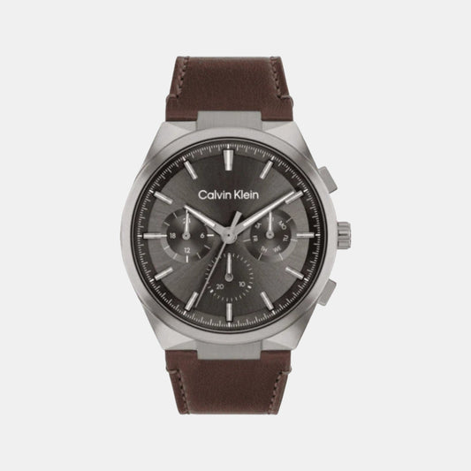 Distinguish Men Quartz Grey Dial Multi-Function Leather Watch 25200508
