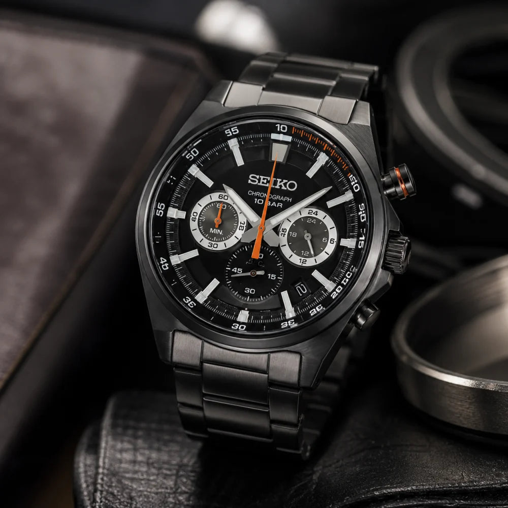 Seiko Dress Men Quartz Black Dial Chronograph Stainless Steel Watch - SSB399P1