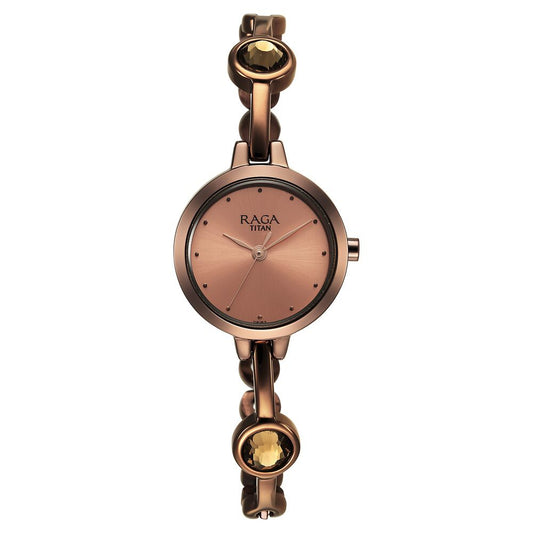 Titan Raga Viva Quartz Analog Rose Gold Dial Brown Metal Strap Watch for Women - NU2576QM01