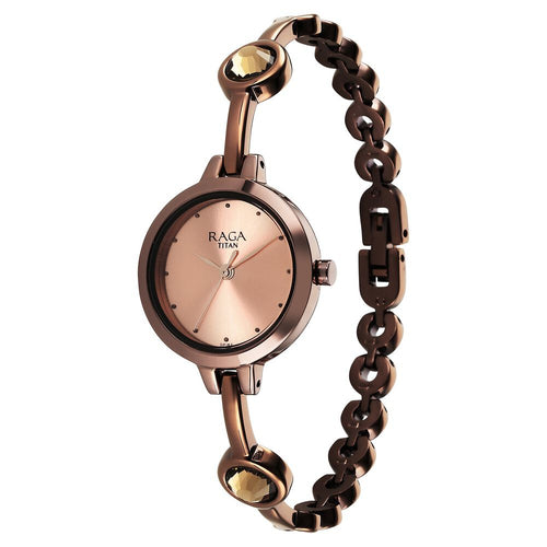 Titan Raga Viva Quartz Analog Rose Gold Dial Brown Metal Strap Watch for Women - NU2576QM01