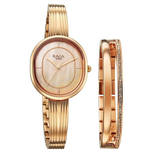 Titan Raga Contempore Quartz Analog Rose Gold Mother Of Pearl Dial Metal Strap Watch For Women - NU2776WM01F