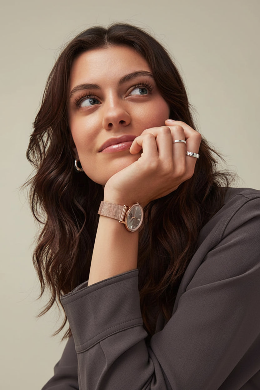Woman wearing a watch with a text overlay 'WOMEN WATCHES' on a beige background