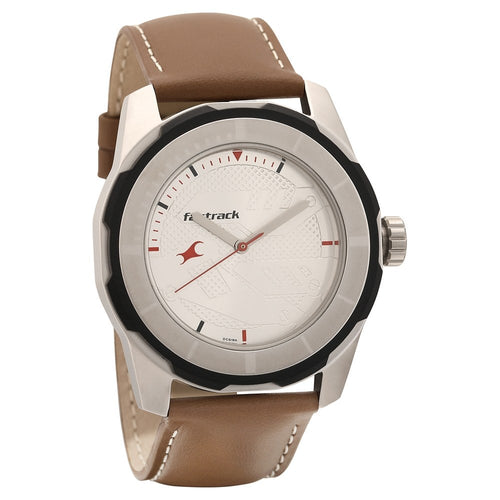 Fastrack Quartz Analog Silver Dial Leather Strap Watch for Guys NT3099SL01