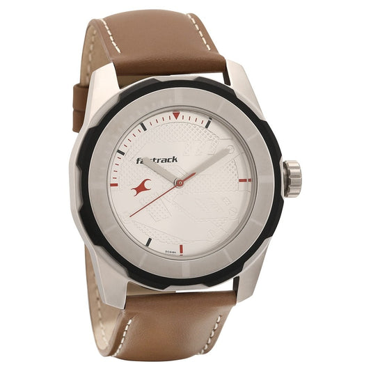 Fastrack Quartz Analog Silver Dial Leather Strap Watch for Guys NT3099SL01