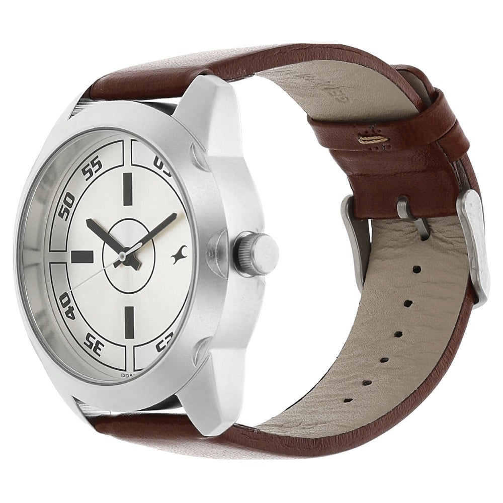 Fastrack Quartz Analog Silver Dial Leather Strap Watch for Guys NS3123SL02