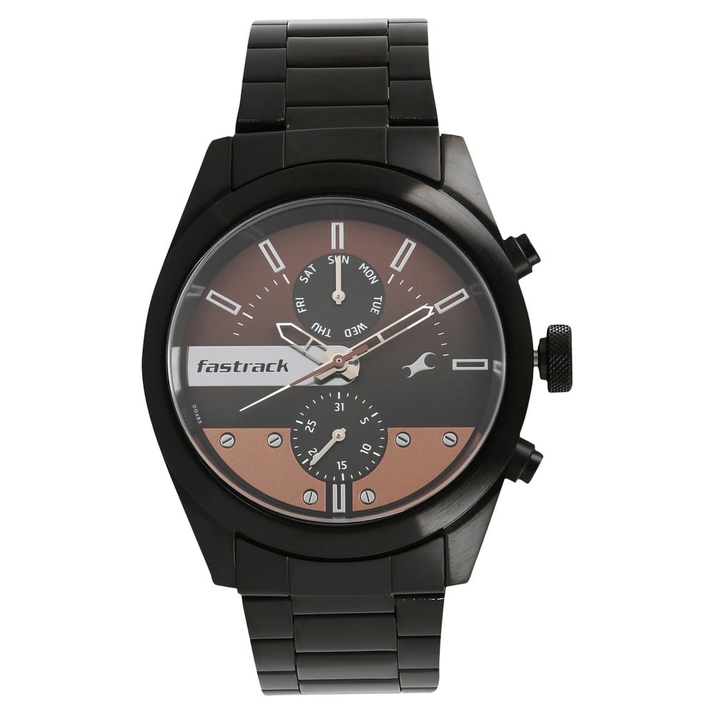 Fastrack All Nighters Quartz Multifunction Brown Dial Metal Strap Watch for Guys NU3165NM01