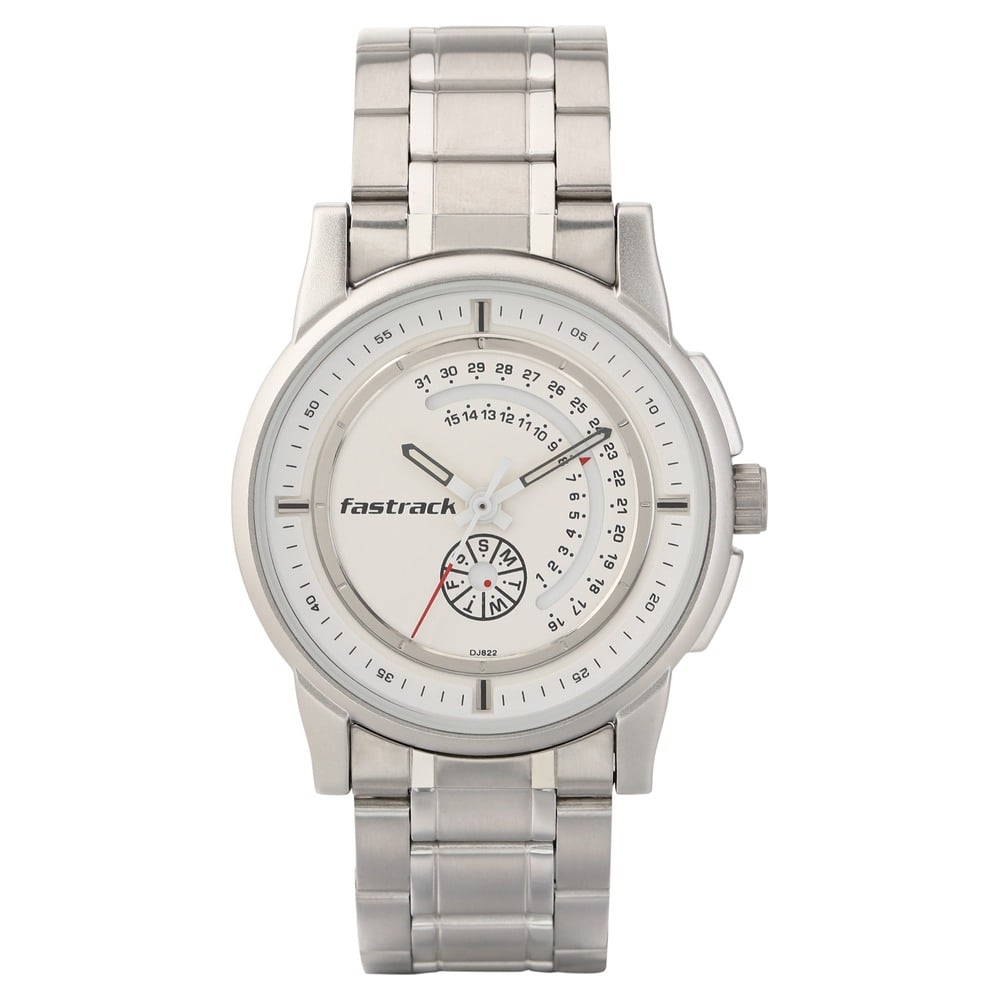 Fastrack Go Skate Quartz Analog with Day and Date White Dial Stainless Steel Strap Watch for Guys NU3215SM01