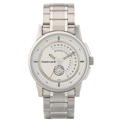 Fastrack Go Skate Quartz Analog with Day and Date White Dial Stainless Steel Strap Watch for Guys NU3215SM01
