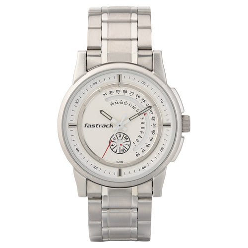Fastrack Go Skate Quartz Analog with Day and Date White Dial Stainless Steel Strap Watch for Guys NU3215SM01