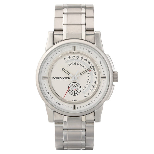 Fastrack Go Skate Quartz Analog with Day and Date White Dial Stainless Steel Strap Watch for Guys NU3215SM01