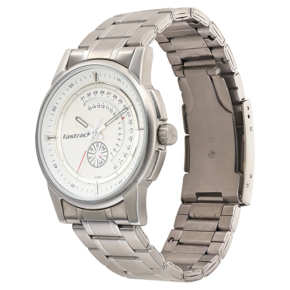 Fastrack Go Skate Quartz Analog with Day and Date White Dial Stainless Steel Strap Watch for Guys NU3215SM01