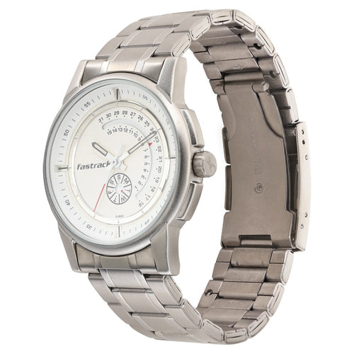 Fastrack Go Skate Quartz Analog with Day and Date White Dial Stainless Steel Strap Watch for Guys NU3215SM01