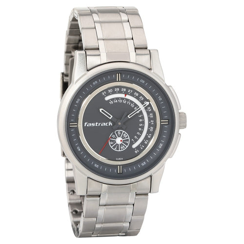Fastrack Go Skate Quartz Analog with Day and Date Grey Dial Stainless Steel Strap Watch for Guys NT3215SM02