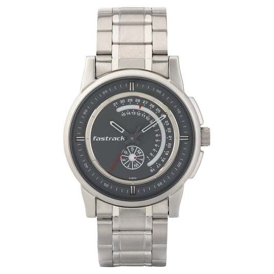 Fastrack Go Skate Quartz Analog with Day and Date Grey Dial Stainless Steel Strap Watch for Guys NT3215SM02
