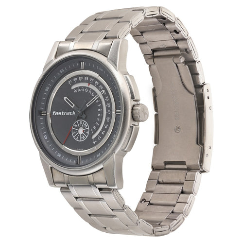 Fastrack Go Skate Quartz Analog with Day and Date Grey Dial Stainless Steel Strap Watch for Guys NT3215SM02