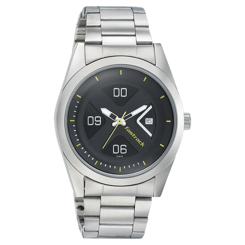 Fastrack Go Skate Quartz Analog with Date Black Dial Stainless Steel Strap Watch for Guys NR3218SM02