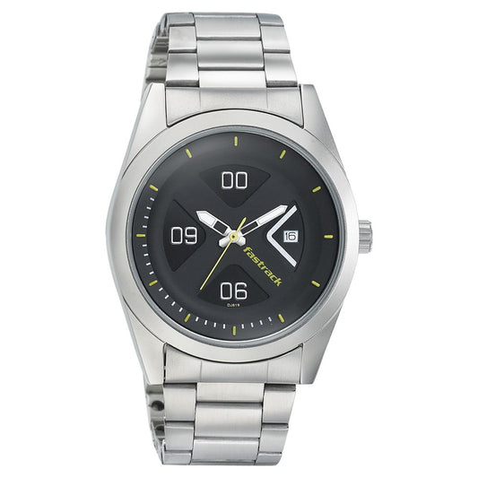 Fastrack Go Skate Quartz Analog with Date Black Dial Stainless Steel Strap Watch for Guys NR3218SM02