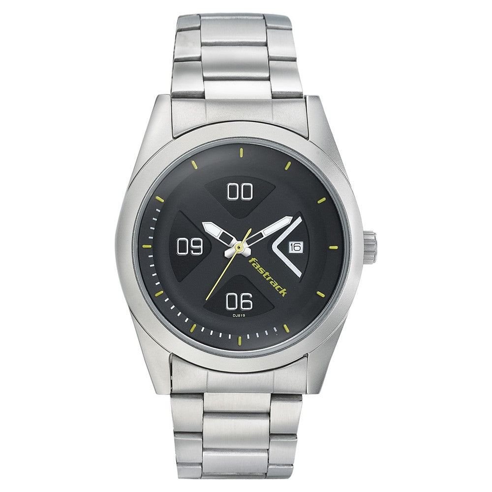 Fastrack Go Skate Quartz Analog with Date Black Dial Stainless Steel Strap Watch for Guys NR3218SM02