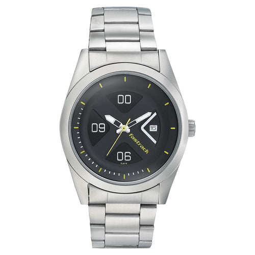 Fastrack Go Skate Quartz Analog with Date Black Dial Stainless Steel Strap Watch for Guys NR3218SM02