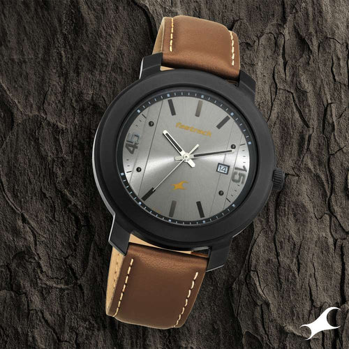 Fastrack Bare Basics Quartz Analog with Date Grey Dial Leather Strap Watch for Guys NT3246NL01