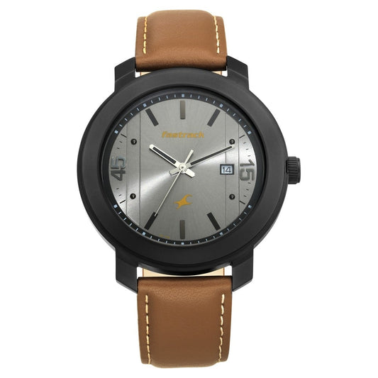 Fastrack Bare Basics Quartz Analog with Date Grey Dial Leather Strap Watch for Guys NT3246NL01