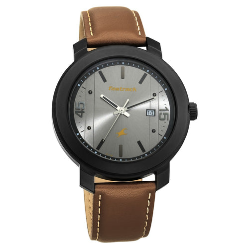 Fastrack Bare Basics Quartz Analog with Date Grey Dial Leather Strap Watch for Guys NT3246NL01