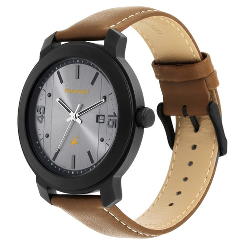 Fastrack Bare Basics Quartz Analog with Date Grey Dial Leather Strap Watch for Guys NT3246NL01