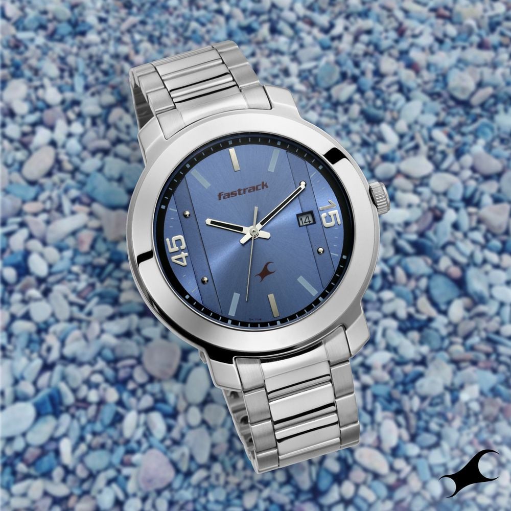 Fastrack Bare Basics Quartz Analog with Date Blue Dial Stainless Steel Strap Watch for Guys NT3246SM03