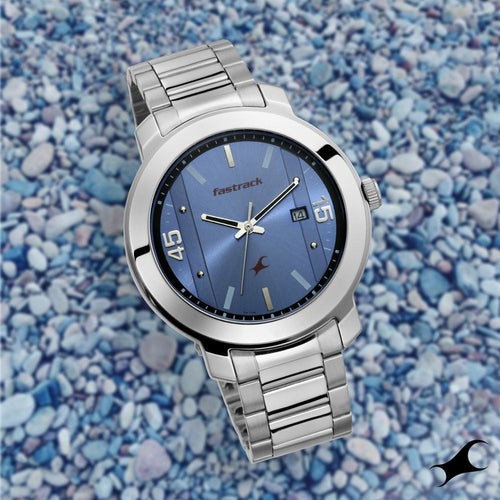 Fastrack Bare Basics Quartz Analog with Date Blue Dial Stainless Steel Strap Watch for Guys NT3246SM03