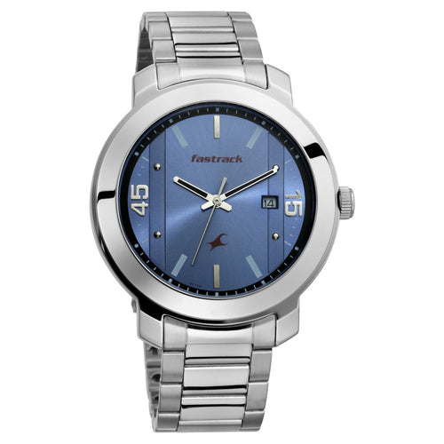 Fastrack Bare Basics Quartz Analog with Date Blue Dial Stainless Steel Strap Watch for Guys NT3246SM03