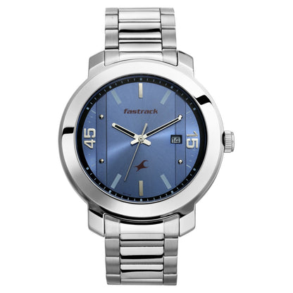 Fastrack Bare Basics Quartz Analog with Date Blue Dial Stainless Steel Strap Watch for Guys NT3246SM03