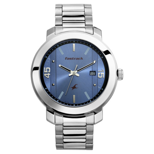 Fastrack Bare Basics Quartz Analog with Date Blue Dial Stainless Steel Strap Watch for Guys NT3246SM03