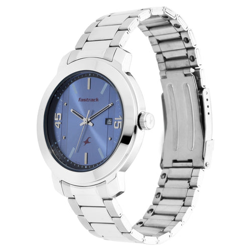 Fastrack Bare Basics Quartz Analog with Date Blue Dial Stainless Steel Strap Watch for Guys NT3246SM03